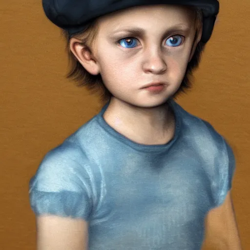 Image similar to a detailed portrait of a boy with light blue eyeswearing a black cap, realistic and detailed eyes, intricate photo, incredibly highly detailed and realistic, 8 k, sharp focus