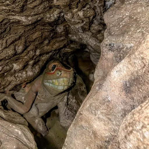 Prompt: photo inside a cavern of a scary wet lizard humanoid partially hidden behind a rock watching a tourist