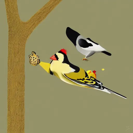 Prompt: Goldfinch collecting food from the ground for its young that are in a large tree, ilustration art by Goro Fujita