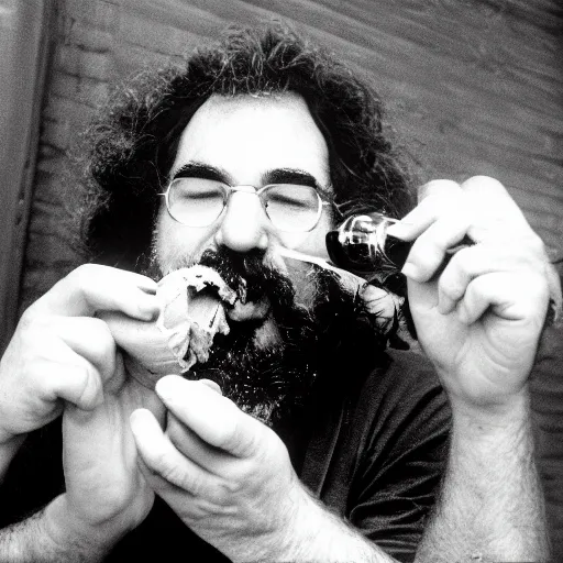 Image similar to closeup detailed portrait of jerry garcia eating cherry garcia ice cream