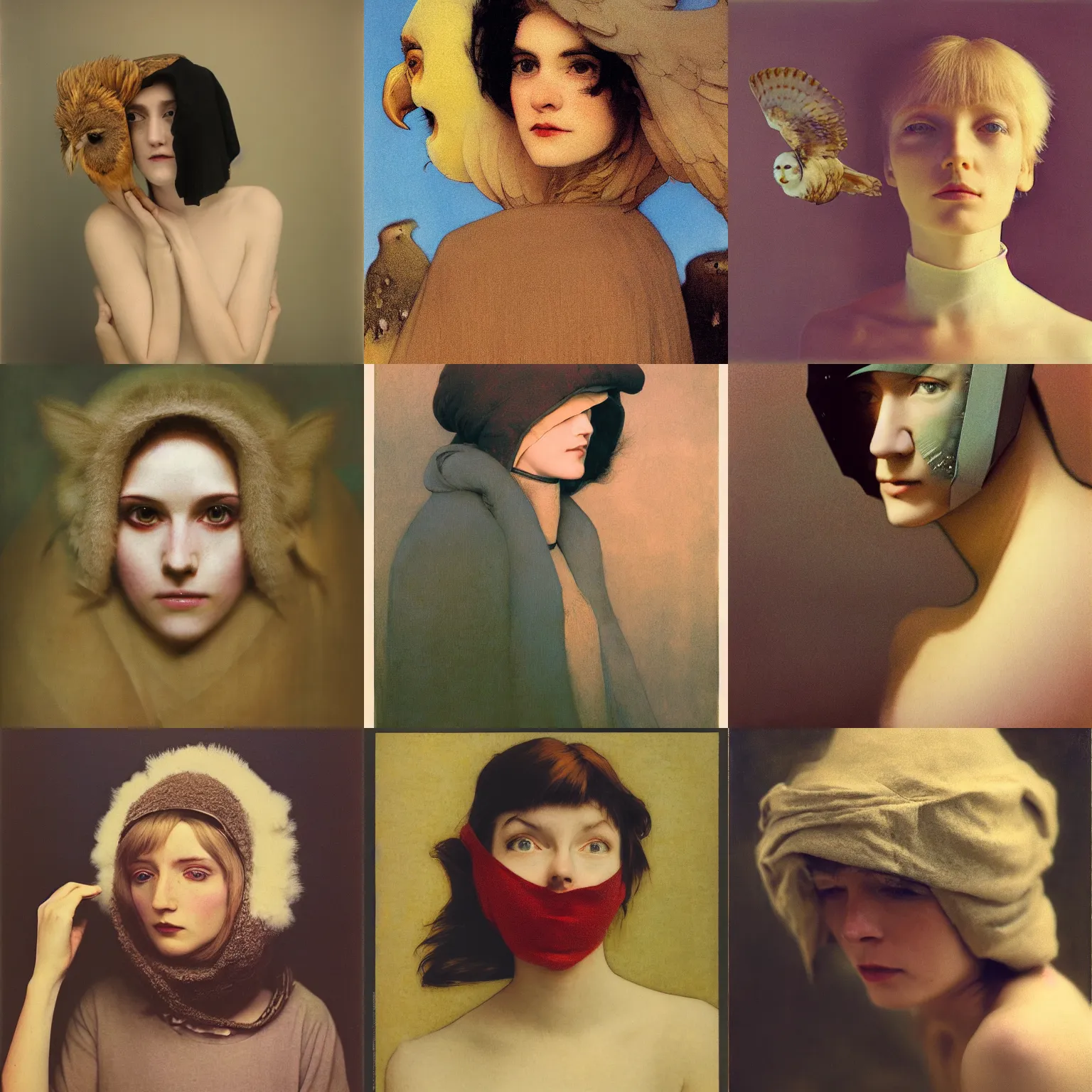 Prompt: kodak portra, 8 k, soft light, clean lines, fine art portrait photography, woman with barn owl face covering head fashion photography, maxfield parrish, moebius, james jean, yoji shinkawa, odilon redon, gaston bussiere, eugene grasset, janis rozentals