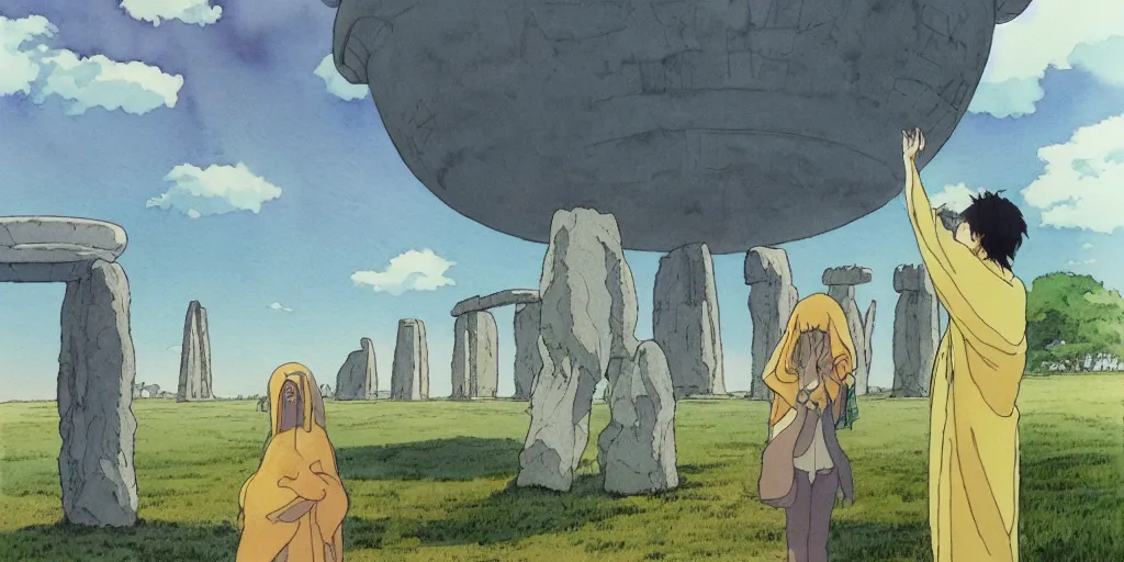 Prompt: a hyperrealist studio ghibli watercolor fantasy concept art of a giant alien and a small grey alien with a yellow robe in stonehenge in the early morning. a giant gold ufo is floating in the air. by rebecca guay, michael kaluta, charles vess