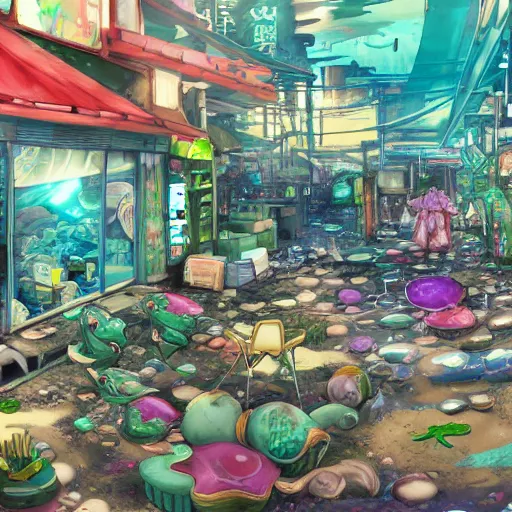 Prompt: painted anime background of an underwater slums shopping district built from various coral seashells and being reclaimed by nature, seaweed, light diffraction, litter, steampunk, cyberpunk, caustics, anime, vhs distortion, inspired by splatoon by nintendo, art created by miyazaki
