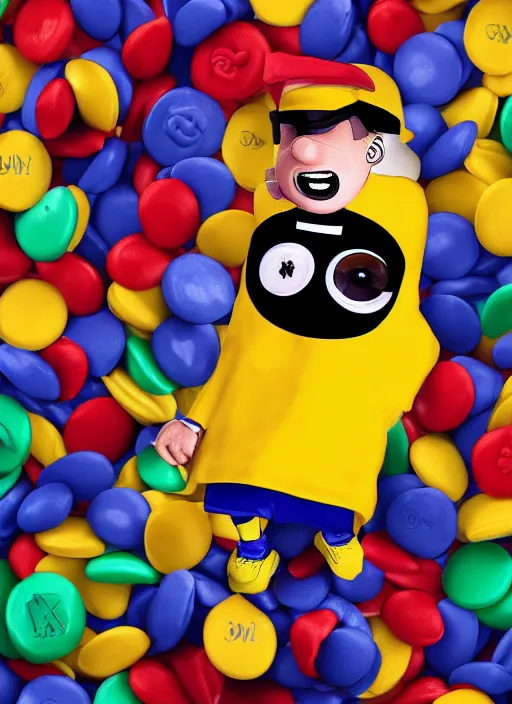 Prompt: yellow mnm candy mascot dressed as rapper eminem holding microphone, digital art, hd