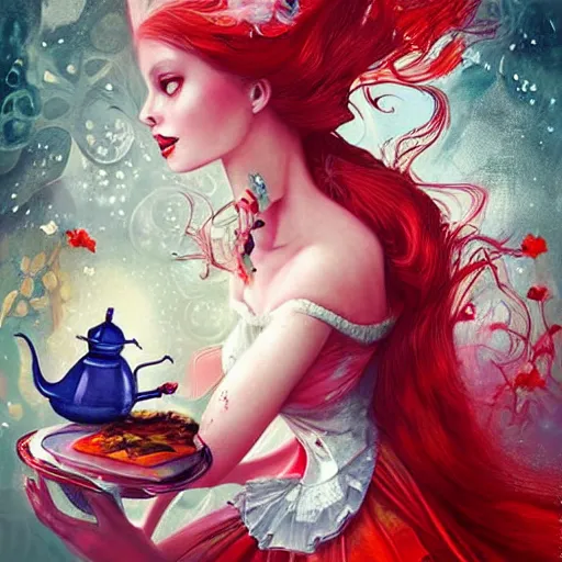 Prompt: the red queen from alice in wonderland having a tea party by anna dittmann, highly detailed, bright tones