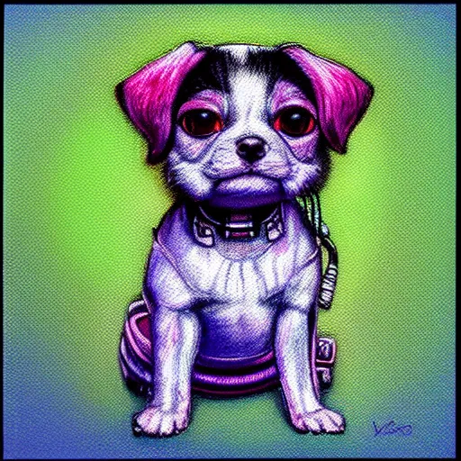 Image similar to Highly detailed pastel painting of a chibi puppy, detailed cyberpunk glitchcore synthwave art, trending on ArtStation