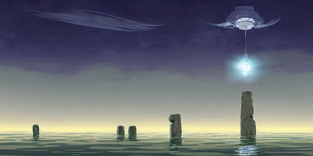 Image similar to a cell - shaded studio ghibli concept art of a huge silver hovering ufo shining a spotlight on a middle eastern merchant in a flooded stonehenge desert road gas station on a misty starry night. very dull colors, hd, 4 k, hq