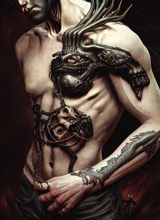 Prompt: ultra realistic, male human predator, goth, tattoos, leather, fantasy, flesh, bone, body horror, intricate details, eerie, highly detailed, octane render, 8 k, art by artgerm and alphonse mucha and greg rutkowski