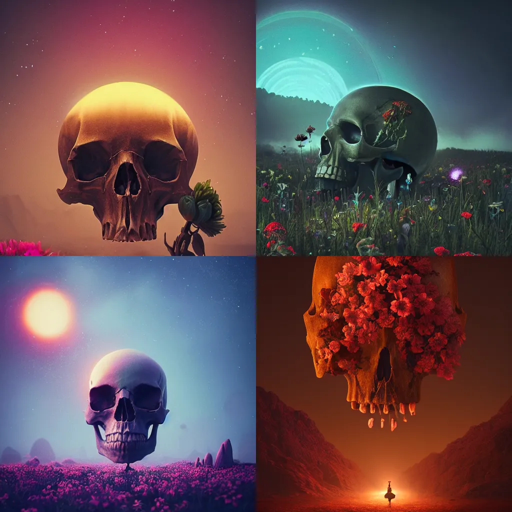 Image similar to beautiful dark landscape, giant skull with beautiful flowers growing in the style of beeple and Mike Winkelmann, intricate, epic lighting, cinimatic composition, hyperrealistic, 8k resolution,