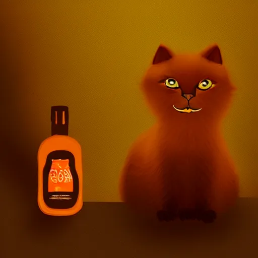 Prompt: a cat standing next to a bottle of medicine. the cat was orange in color and having fluffy fur, digital art, artstation, animal,