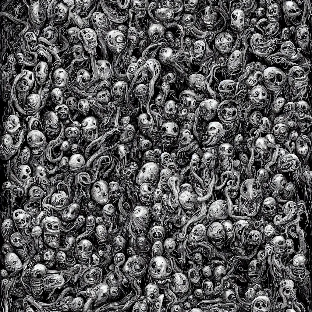 Prompt: a monsters made from dark oily gelatinous substance, vague tentacles, with hundreds of faces just below the surface, covered in human eyes