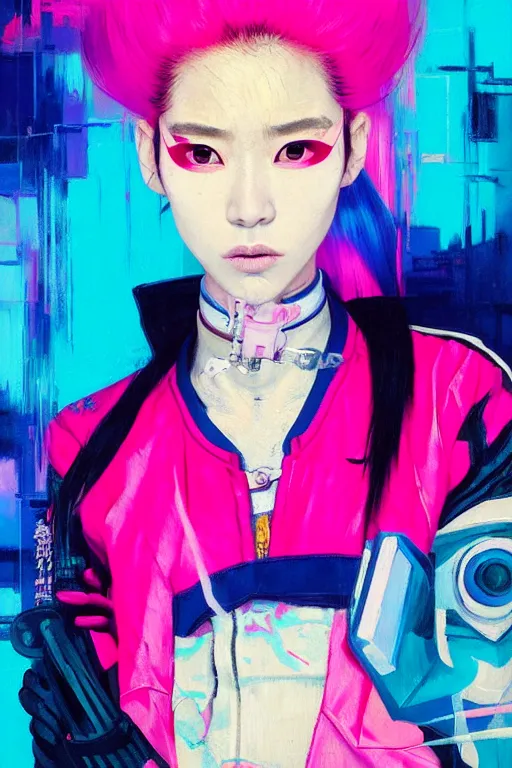 Image similar to portrait of a stylized japanese cyberpunk girl, wearing a bomber jacket, painted in acrylic, pigment textures, in the colors hot pink and cyan, beautiful realistic face, rule of thirds, spotlight, by greg rutkowski, by jeremy mann, by francoise nielly, by van gogh, by ross tran, in focus