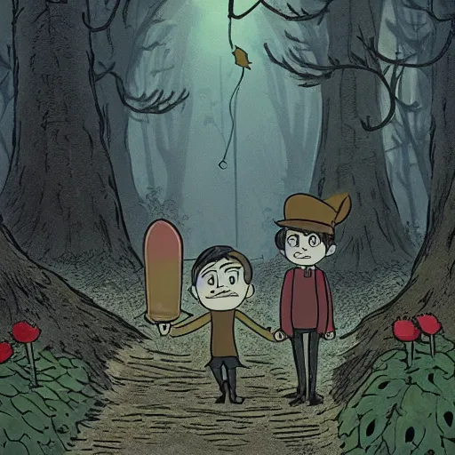 Image similar to Over the Garden Wall, greg and wirt are lost in the forest