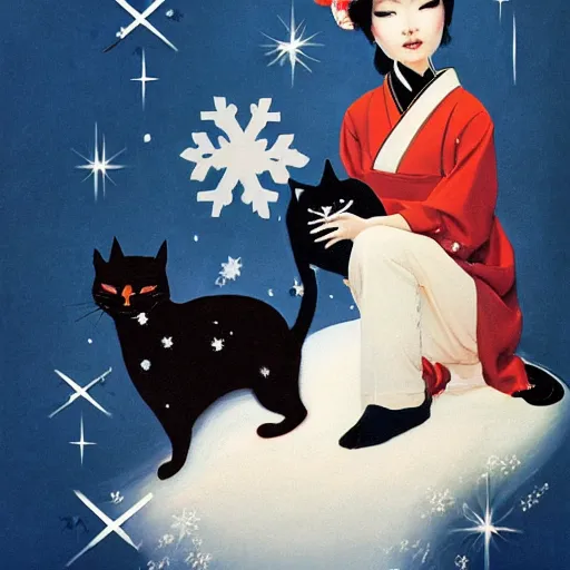 Prompt: full body icon stylized minimalist an asian girl with geisha makeup holding a cute black cat surrounded by snowflakes, loftis, cory behance hd by jesper ejsing and zdzisław beksinski and norman rockwell and greg rutkowski weta studio, and lucasfilm - c 1 0