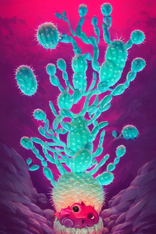 Image similar to roots cactus sushi cristal smurf ghost creature animal sushi cristal very big eye roots cactus elemental flush of force nature micro world fluo fishscale, behance hd by jesper ejsing, by rhads, makoto shinkai and lois van baarle, ilya kuvshinov, rossdraws radiating a glowing aura global illumination ray tracing hdr