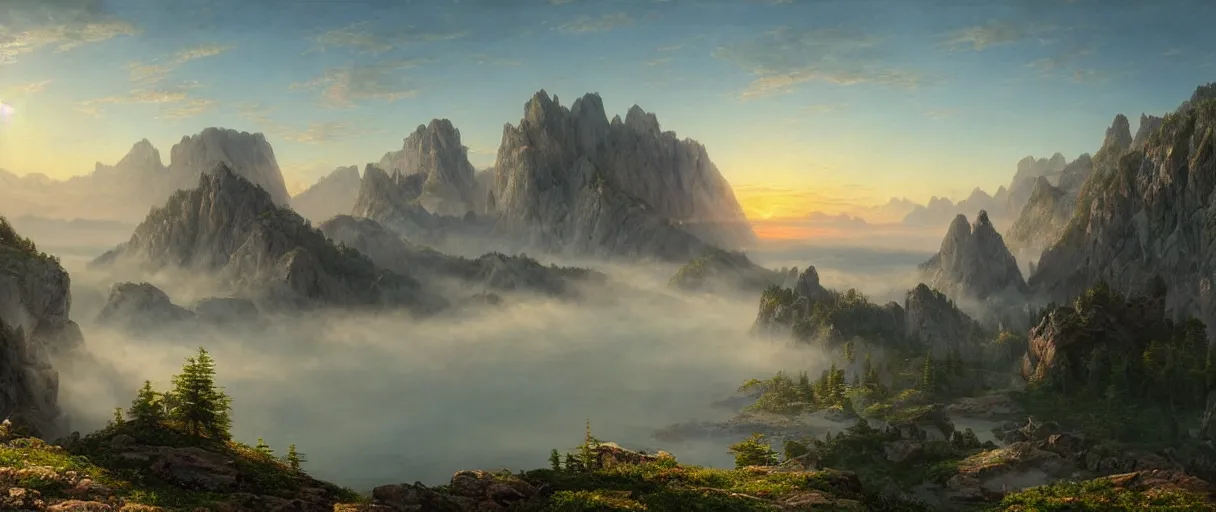 Image similar to a photorealistic breathtaking aerial view of the eastern alps mountain range at sunrise, cliffs, volumetric light, haze, fog, hyperrealism, rock edge, highly detailed, intricate, cinematic, front facing camera, cinematic, epic lighting, 8 k by frederic church, albert bierstadt