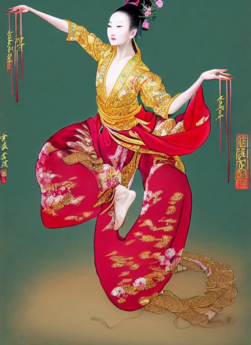 Image similar to full body portrait of a chinese dancer doing a silk ribbon dance, feet, barefoot, full body, lean, vivacious, extremely beautiful, elaborate gold jewelry, hanfu, traditional chinese clothes, silk ribbons, large ribbons, ming dynasty, detailed, realistic face, anatomically accurate, fantasy art, in the style of ghostblade, wlop.