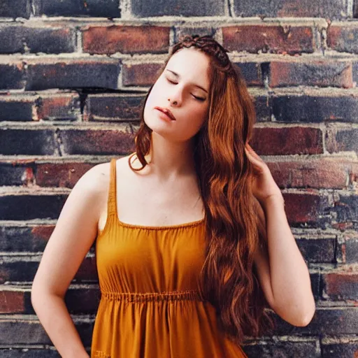 Prompt: a photo of a beautiful brown hair woman in a sun dress in a studio, an industrial studio with large windows and red brick walls, 85mm lens, Kodak Portra 400 film, trending on Instagram