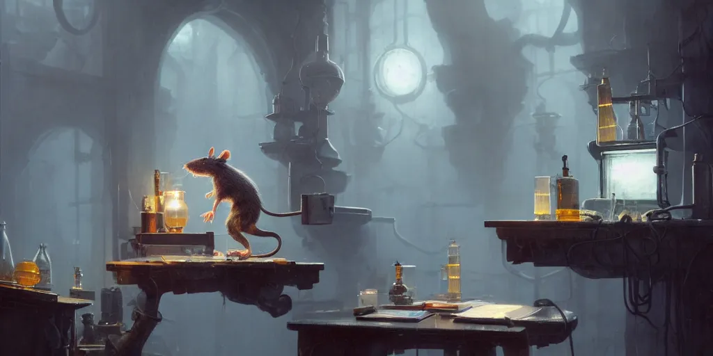 Image similar to highly realistic intricate rat standing on a desk in a laboratory with lots of flasks filled with magic liquids and poisonous fog, stephen bliss, unreal engine, fantasy art by greg rutkowski, loish, rhads, ferdinand knab, ilya kuvshinov, rossdraws, tom bagshaw, global illumination, radiant soft light, detailed and intricate environment