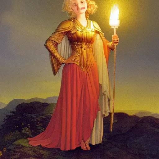 Prompt: Painting of a blonde girl in golden armor holding a torch at night, in the style of Edmund Leighton