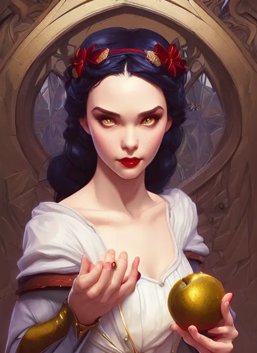 Prompt: snow white, d & d, fantasy, intricate, elegant, highly detailed, digital painting, artstation, concept art, matte, sharp focus, illustration, hearthstone, art by artgerm and greg rutkowski and alphonse mucha