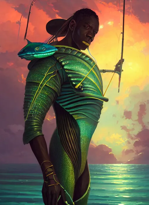 Image similar to portrait of a jamaican fisherman sci - fi glowing fishing armor jamaican colors muscular cyberpunk intricate elegant highly detailed digital painting artstation concept art, ocean fish background, greg rutkowski, loish, rhads, ferdinand knab, makoto shinkai and lois van baarle, ilya kuvshinov, rossdraws, tom bagshaw