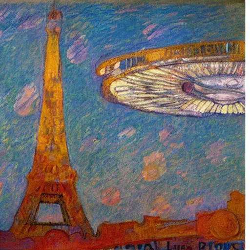 Prompt: starship enterprise in the sky, background eiffel tower, oil painting by toulouse lautrec, wallpaper