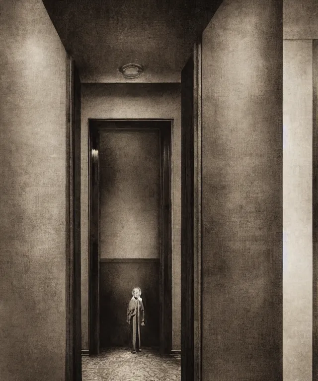 Image similar to horrifying full color photorealistic image a 1 9 2 5 hotel elevator lobby, with a screaming bellhop embedded in the wall, dark, atmospheric, brooding, smooth, finely detailed, cinematic, epic, in the style of lee gibbons