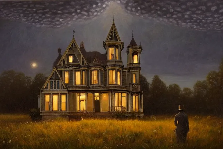 Image similar to a beautiful hyperrealistic painting of a victorian house with a tower at night, very detailed by andrea kowch and samuel and joseph newsom