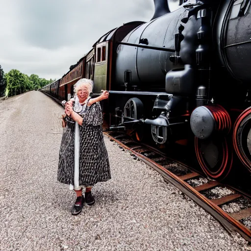 Prompt: elderly woman screaming at a passing steam train, canon eos r 3, f / 1. 4, iso 2 0 0, 1 / 1 6 0 s, 8 k, raw, unedited, symmetrical balance, wide angle