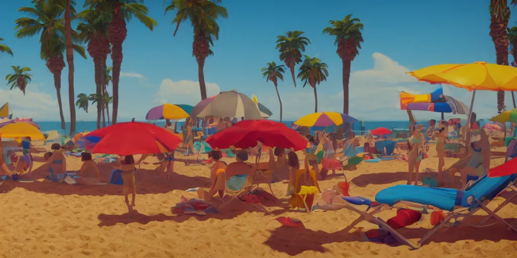 Prompt: a film still of a sunny and colourful beach scene in santa monica, los angelos, wide shot, waist up, wes anderson, studio ghibli, pixar and disney animation, sharp, rendered in unreal engine 5, anime key art by greg rutkowski, bloom, dramatic lighting