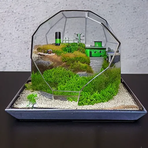 Image similar to a large terrarium with a diorama of a nuclear power industrial site inside on top of a minimalist table, lit from the side