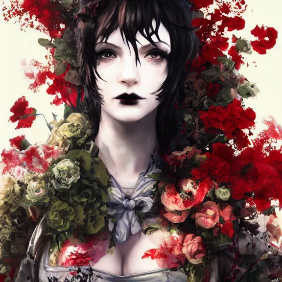 Image similar to goth christina hendricks with flowers in her hand, tankoban, 4 k, tone mapping, akihiko yoshida, james jean andrei riabovitchev marc simonetti, yoshitaka amano, long hair, curly, h. hydrochaeri