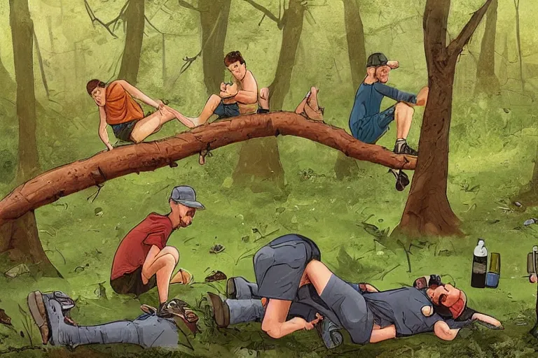 Image similar to mid - thirties guys binge drinking and hiking in a forest, one person pissing on a tree, one person is laying on the ground drunk, in the style of simon stalenhag