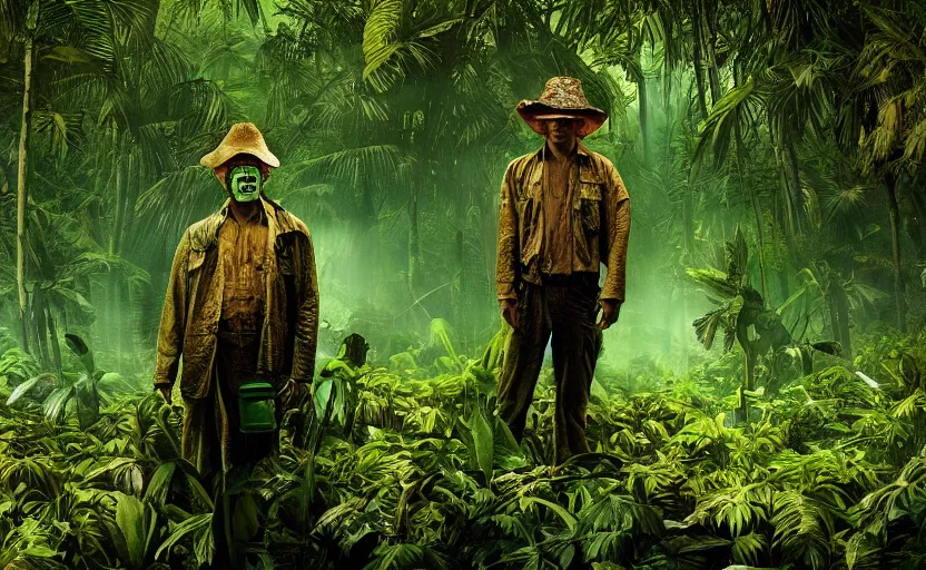 Image similar to snake oil saleman demigod with neon green mask in a swampy jungle landscape, visible sky and humid atmosphere, the salesman's dream by alejandro jodorowsky and denis villeneuve, kodakchrome, cinematic composition, practical effects, 8 k