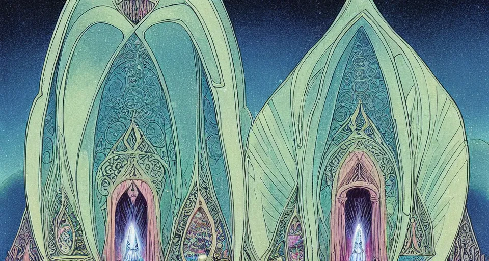 Prompt: a symmetric! delicate mtg illustration by charles vess of a huge vulva!!! - shaped sacred temple of smooth organic feminine architecture, floating in the astral plane and constructed of house - sized crystals, with the raised bulb of the vestibule revealing a glittering iridescent pearl