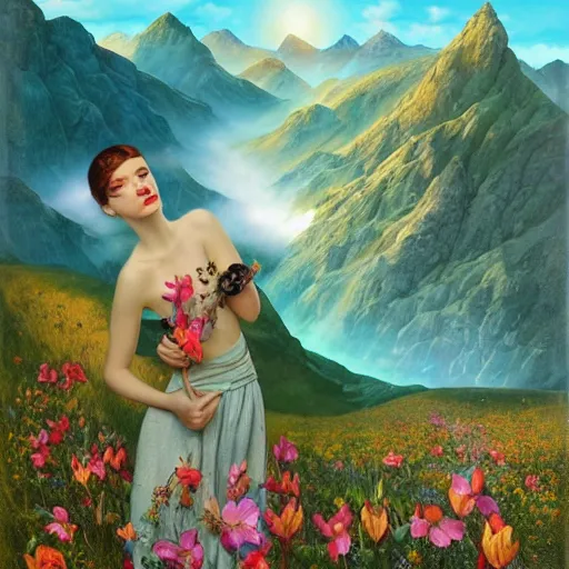 Prompt: mountain landscape in spring, flowers, teal landscape, dreamy light, sunny complementary palette, by tom bagshaw and jacek yerga and tamara de lempicka and jesse king, pop surrealist, wiccan