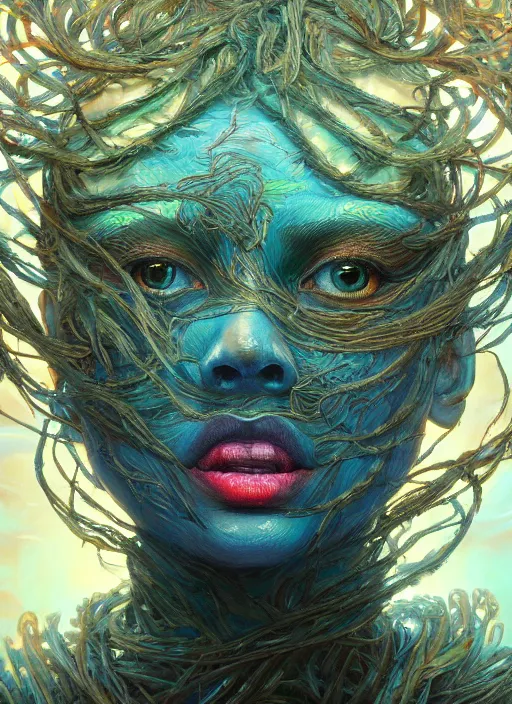 Prompt: a face made of ribbons of seaweed, extremly detailed digital painting, vibrant colors, in the style of artgem and tomasz alen kopera and fenghua zhong and peter mohrbacher, mystical colors, rim light, beautiful lighting, 8 k, stunning scene, raytracing, octane, trending on artstation