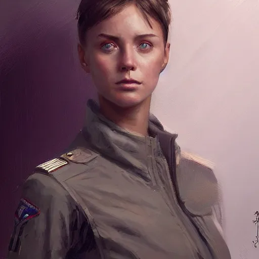 Image similar to Portrait of a woman by Greg Rutkowski, she is about 20 years old, athletic tomboy, attractive, military composure, short blonde hair, russian, she is wearing futuristic military fatigues, highly detailed portrait, digital painting, artstation, concept art, smooth, sharp foccus ilustration, Artstation HQ.