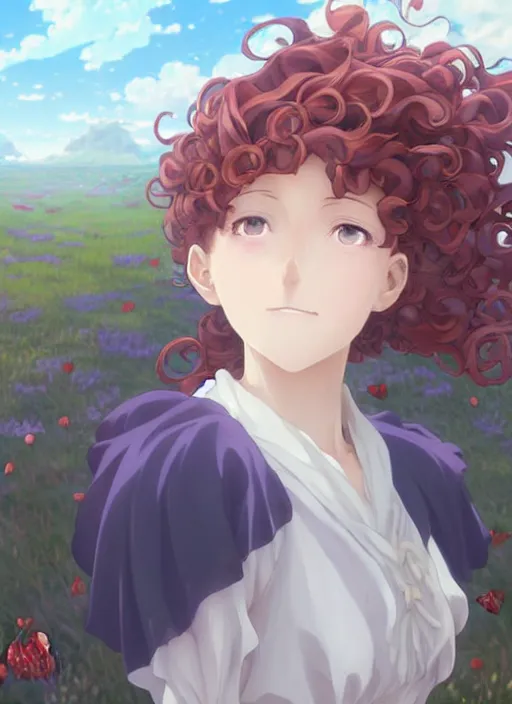 Prompt: Painting of a cottagecore witch with curly strawberry hair in the style of Violet Evergarden, beautiful anime art style, winged eyelashes, countryside, calm, fantasy character portrait, dark outlines, dynamic pose, above view, sunny day, artwork by Makoto Shinkai, very coherent asymmetrical artwork, sharp edges, perfect face, simple form, 100mm