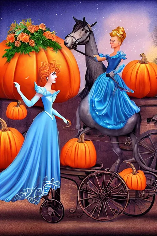 Prompt: beautiful mystical digital painting cinderella and horsedrawn pumpkin carriiage by argerm
