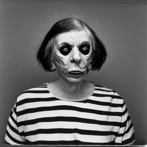 Image similar to portrait of a crazy lynchian character by Diane Arbus, 50mm, black and white photography