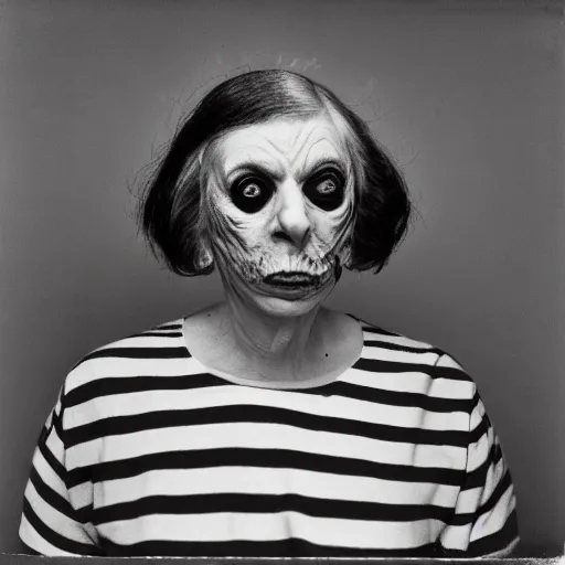 Prompt: portrait of a crazy lynchian character by Diane Arbus, 50mm, black and white photography