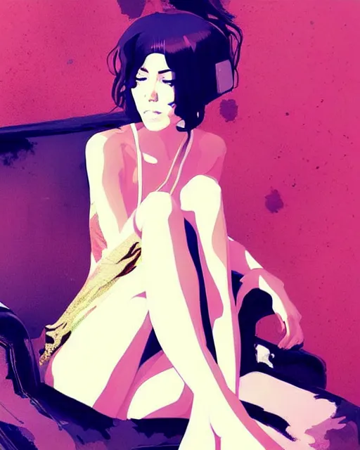 Image similar to a ultradetailed beautiful painting of a stylish woman sitting on a couch, by conrad roset, greg rutkowski and makoto shinkai trending on artstation