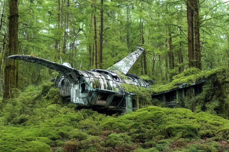 Image similar to derelict spaceship in a Forrest, hyper detailed, overgrown with moss, rusty metal, wildlife, daytime