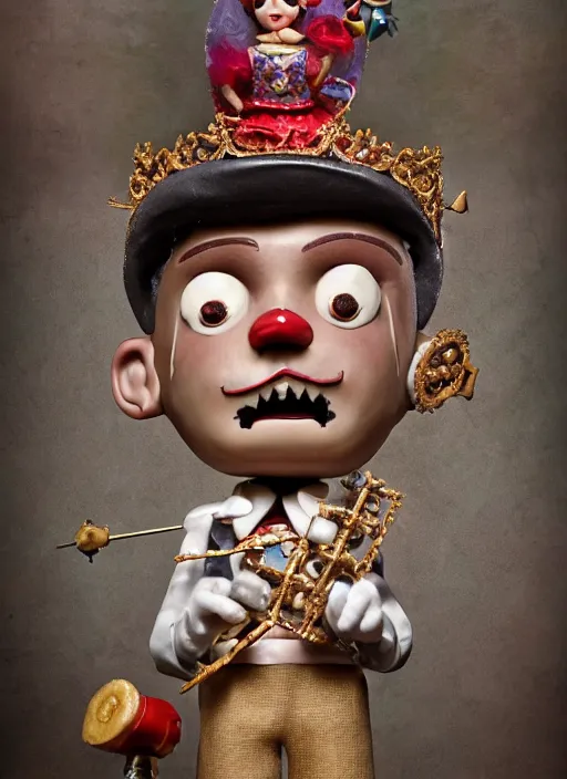 Image similar to closeup face profile portrait of tin toy jack the ripper as a fairytale prince wearing a crown eating cakes, banana, depth of field, zeiss lens, detailed, symmetrical, centered, fashion photoshoot, by nicoletta ceccoli, mark ryden, lostfish, breathtaking, 8 k resolution, extremely detailed, beautiful, establishing shot, artistic, hyperrealistic, octane render