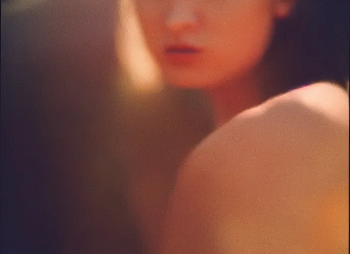 Image similar to close-up color film photography 1970 of woman in style of nan goldin, soft focus, golden hour, soft light, 35mm, film photo