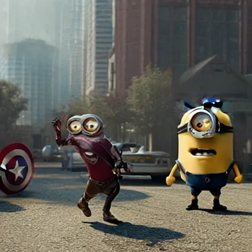 Image similar to a minion on the movie the avengers. cinematic shot.