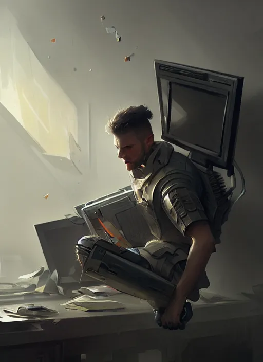 Image similar to epic wounded armored employee with so many paper in front of computer. highly detailed, digital painting, concept art, smooth, sharp focus, illustration, art by greg rutkowski