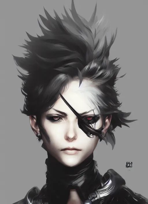 Prompt: Half body portrait of young woman with short silver hair and pirate attire. In style of Yoji Shinkawa and Hyung-tae Kim, trending on ArtStation, dark fantasy, great composition, concept art, highly detailed, dynamic pose.